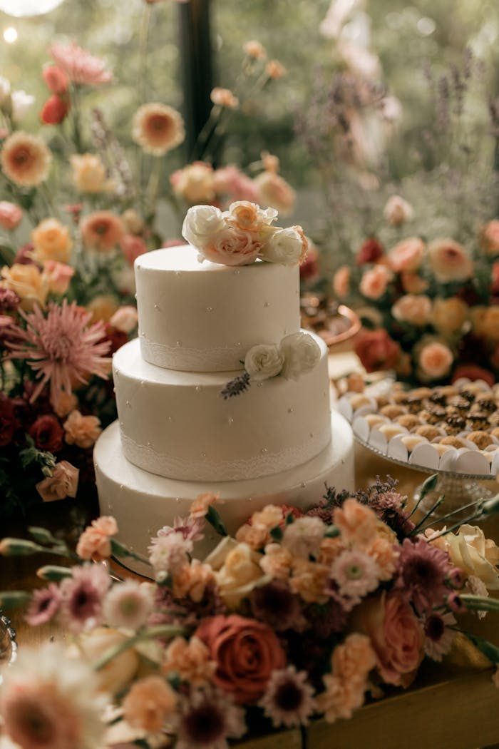 Home Three-tier wedding cake adorned with flowers amidst an arrangement of colorful blooms.